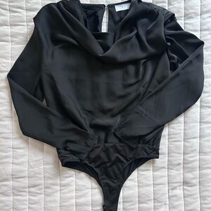 ASTR the label Black Draped Cowl Neck Long Sleeve Bodysuit